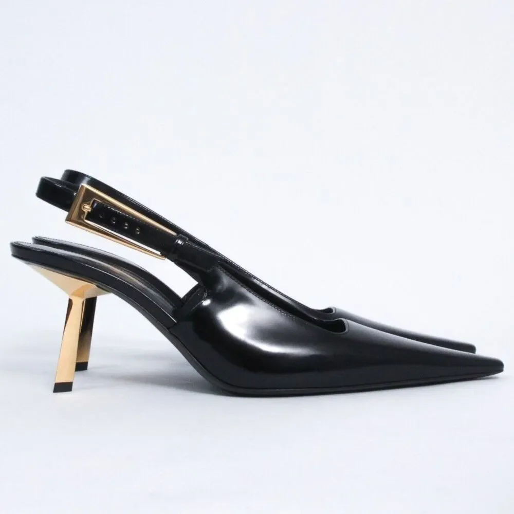 Saint Laurent YSL Lee Slingback Pumps Black Leather Gold Heel Shoes 39.5 NIB